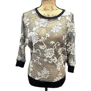 Y2K Studio Y Sheer Floral Lace Top Black Cream Romantic Whimsy Goth Blouse sz LG